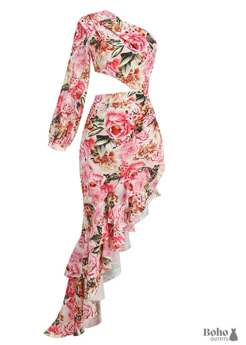 Lrregular Ruffle Floral Dress