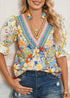 Multicolour Crochet V Neck Half Sleeve Boho Floral Blouse