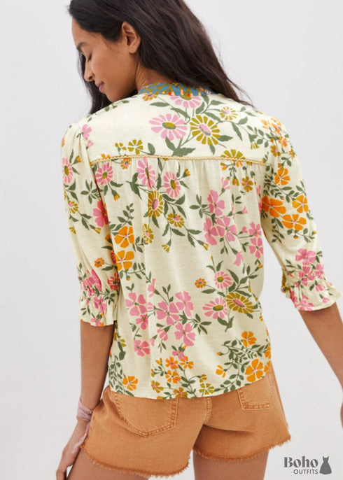 Multicolour Crochet V Neck Half Sleeve Boho Floral Blouse