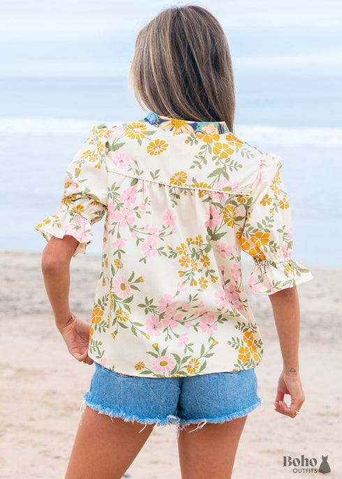 Multicolour Crochet V Neck Half Sleeve Boho Floral Blouse