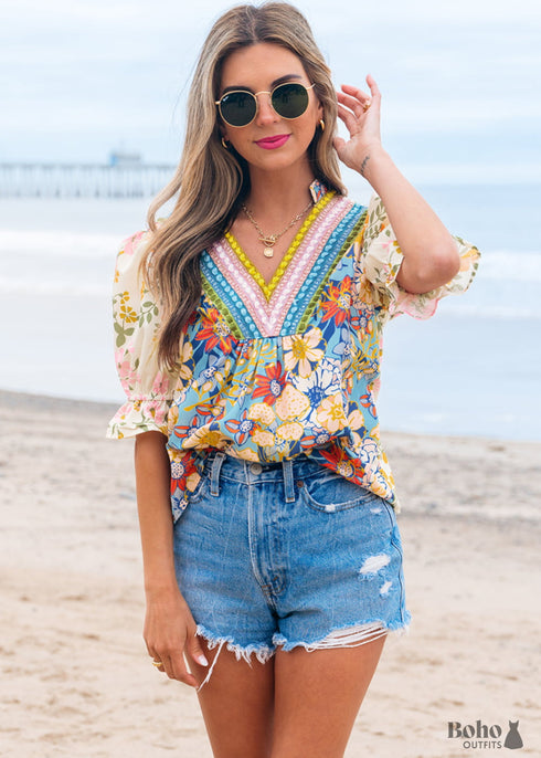 Multicolour Crochet V Neck Half Sleeve Boho Floral Blouse