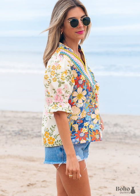 Multicolour Crochet V Neck Half Sleeve Boho Floral Blouse