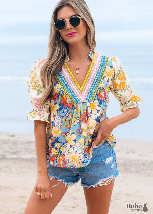 Multicolour Crochet V Neck Half Sleeve Boho Floral Blouse