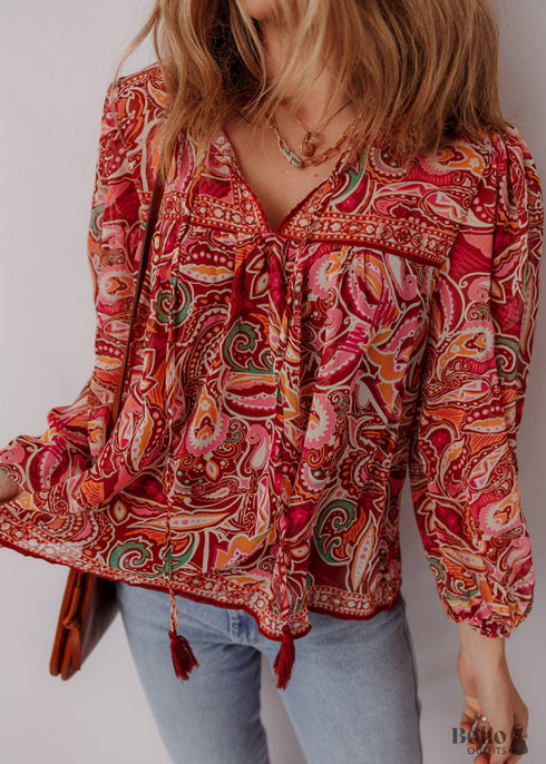 Multicolour Ethnic Paisley Print Tassel Tie Puff Sleeve Boho Blouse