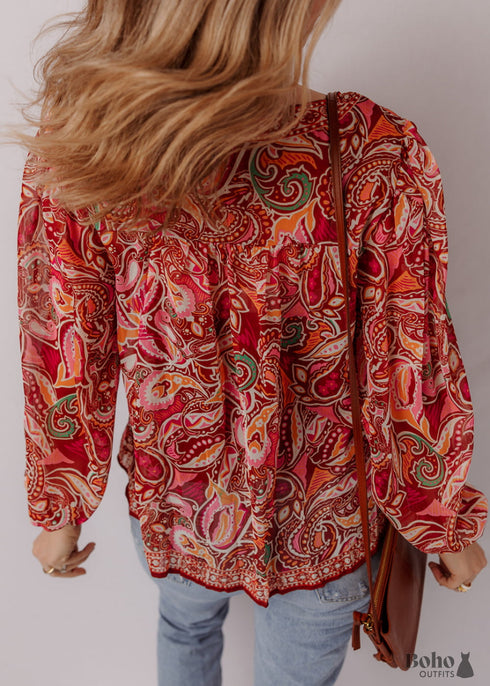 Multicolour Ethnic Paisley Print Tassel Tie Puff Sleeve Boho Blouse