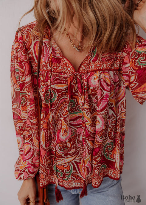 Multicolour Ethnic Paisley Print Tassel Tie Puff Sleeve Boho Blouse