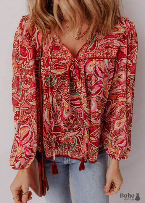 Multicolour Ethnic Paisley Print Tassel Tie Puff Sleeve Boho Blouse