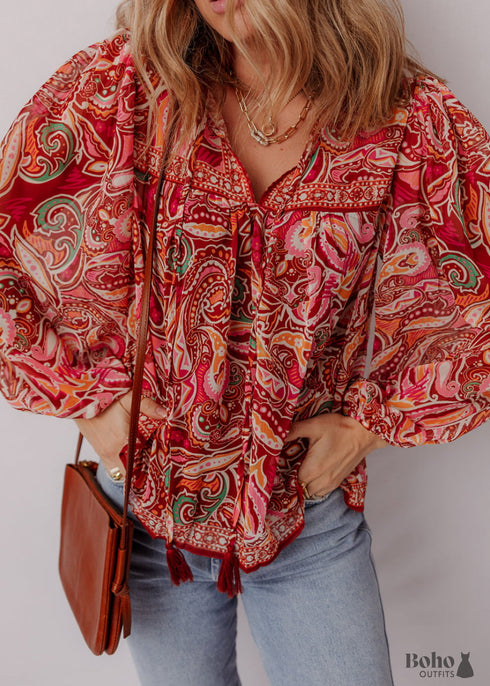 Multicolour Ethnic Paisley Print Tassel Tie Puff Sleeve Boho Blouse