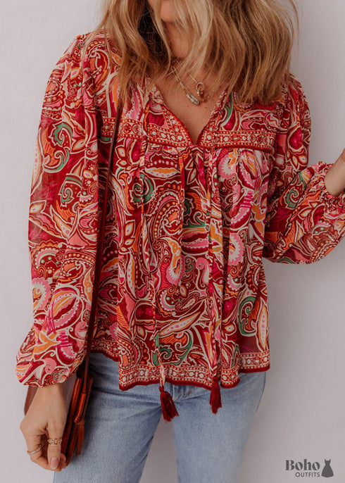 Multicolour Ethnic Paisley Print Tassel Tie Puff Sleeve Boho Blouse