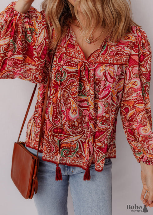 Multicolour Ethnic Paisley Print Tassel Tie Puff Sleeve Boho Blouse