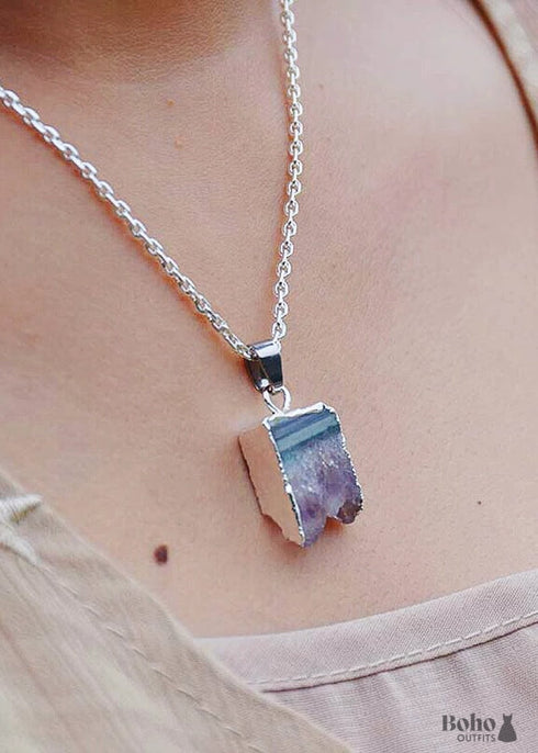 Natural Cut Amethyst Silver Edge Healing Boho Necklace