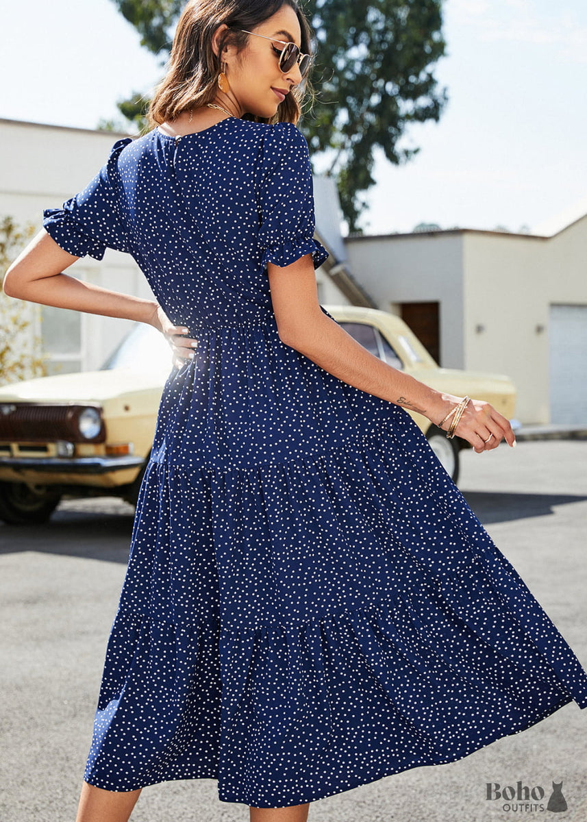 dark blue midi dress Navy Blue Boho Midi Dress
