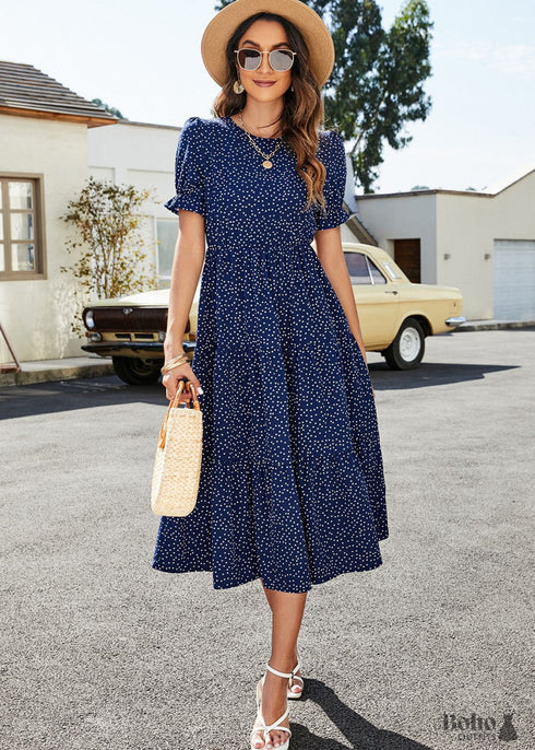Navy Blue Boho Midi Dress