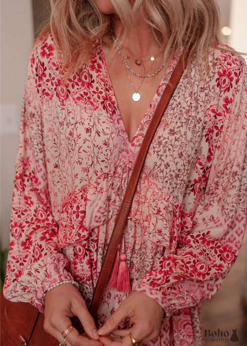Pink Bohemian Floral Print Tassel Tie Long Sleeve Flowy Mini Dress