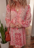 Pink Bohemian Floral Print Tassel Tie Long Sleeve Flowy Mini Dress