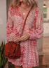 Pink Bohemian Floral Print Tassel Tie Long Sleeve Flowy Mini Dress