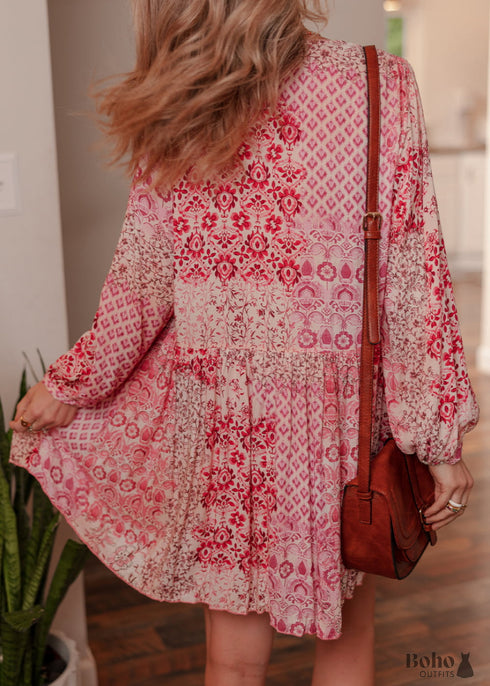 Pink Bohemian Floral Print Tassel Tie Long Sleeve Flowy Mini Dress