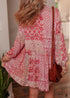 Pink Bohemian Floral Print Tassel Tie Long Sleeve Flowy Mini Dress
