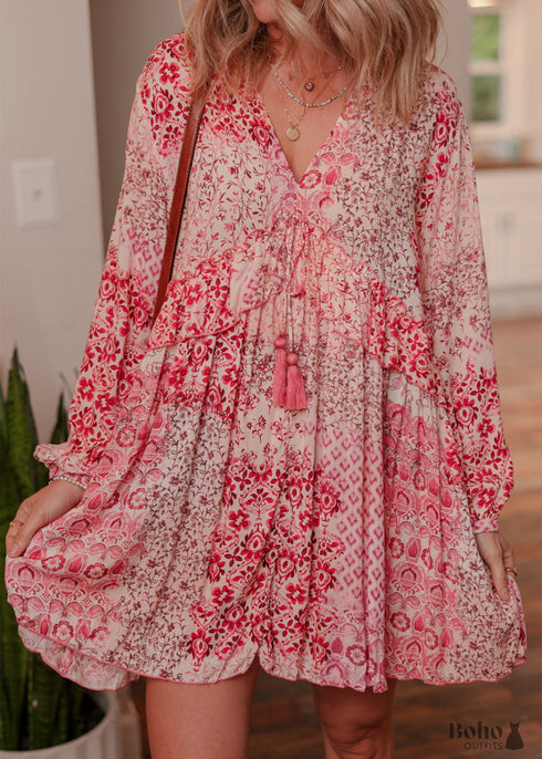 Pink Bohemian Floral Print Tassel Tie Long Sleeve Flowy Mini Dress