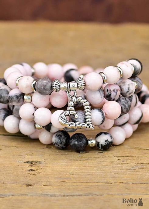 Pink Zebra Stone Wrap Bracelet 108 Beads Yoga Boho Necklace