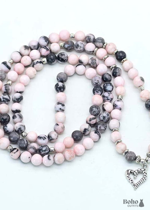 Pink Zebra Stone Wrap Bracelet 108 Beads Yoga Boho Necklace
