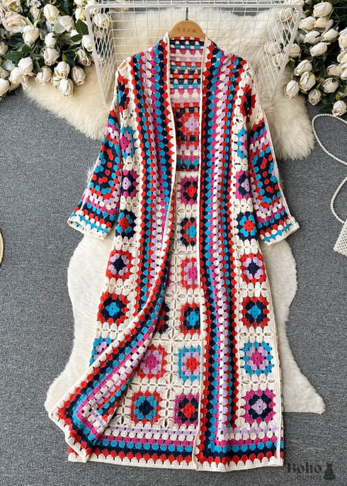 Printed Hollow Long-sleeved Cape Boho Cardigan