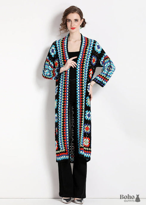 Printed Hollow Long-sleeved Cape Boho Cardigan