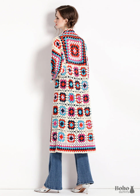 Printed Hollow Long-sleeved Cape Boho Cardigan