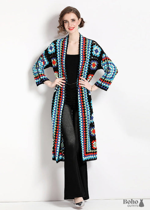 Printed Hollow Long-sleeved Cape Boho Cardigan