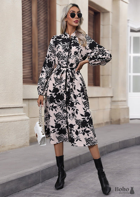Printed Long Sleeve Boho Maxi Dress