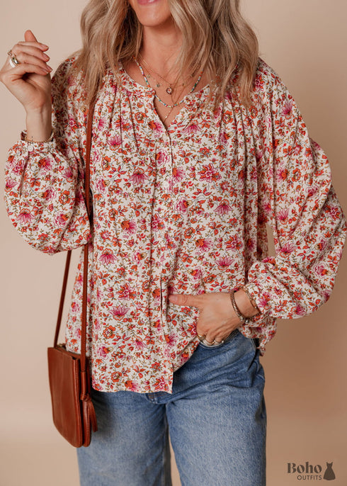 Red Floral Print Pleated Detail Notched Neck Puff Sleeve Blouse