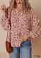 Red Floral Print Pleated Detail Notched Neck Puff Sleeve Blouse