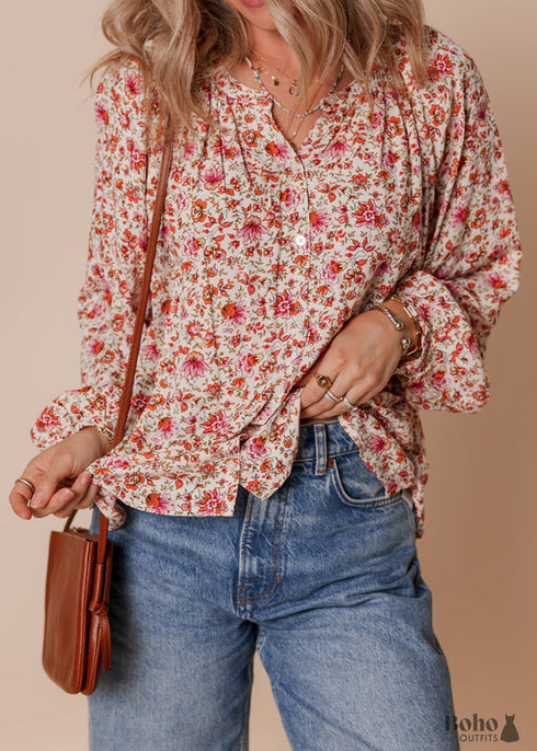 Red Floral Print Pleated Detail Notched Neck Puff Sleeve Blouse