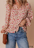 Red Floral Print Pleated Detail Notched Neck Puff Sleeve Blouse