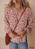 Red Floral Print Pleated Detail Notched Neck Puff Sleeve Blouse