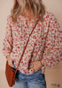 Red Floral Print Pleated Detail Notched Neck Puff Sleeve Blouse