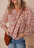 Red Floral Print Pleated Detail Notched Neck Puff Sleeve Blouse