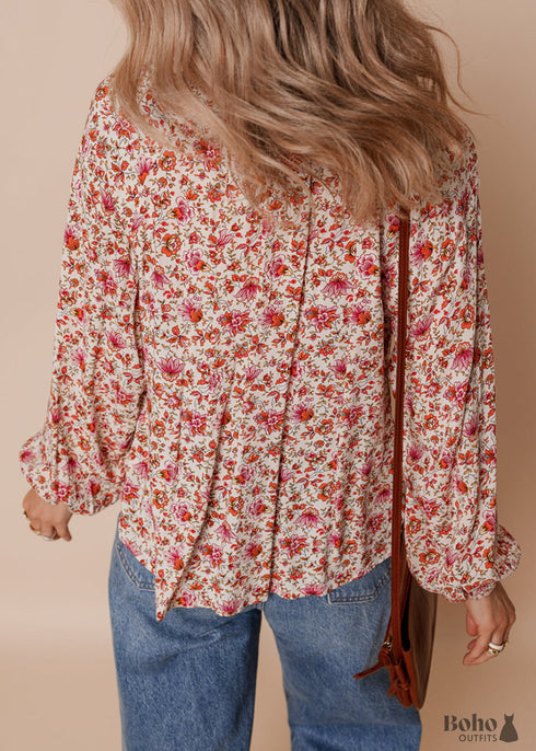 Red Floral Print Pleated Detail Notched Neck Puff Sleeve Blouse