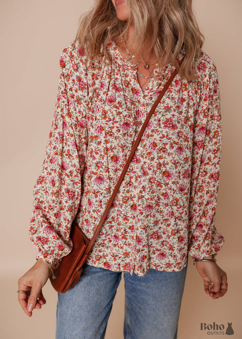 Red Floral Print Pleated Detail Notched Neck Puff Sleeve Blouse