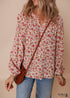 Red Floral Print Pleated Detail Notched Neck Puff Sleeve Blouse