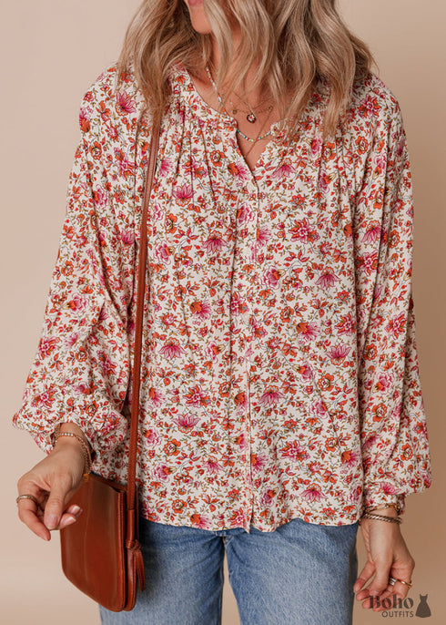 Red Floral Print Pleated Detail Notched Neck Puff Sleeve Blouse