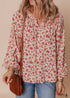 Red Floral Print Pleated Detail Notched Neck Puff Sleeve Blouse