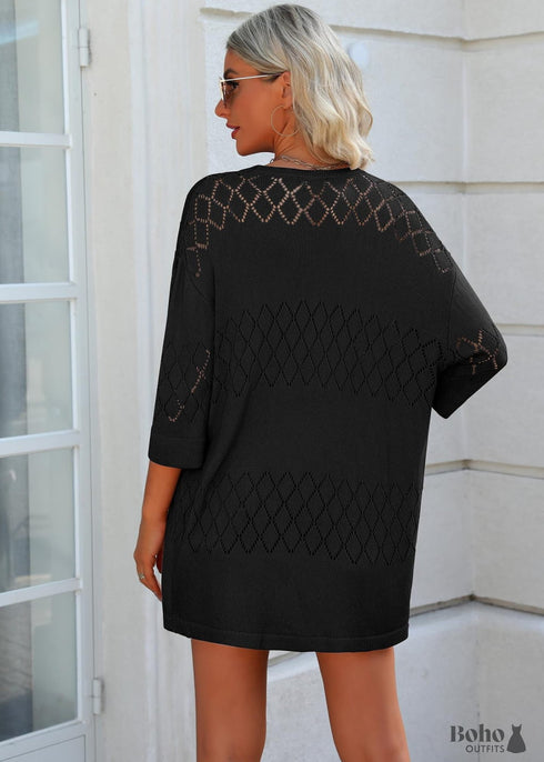 Summer Knit 3/4 Sleeves Black Boho Cardigan