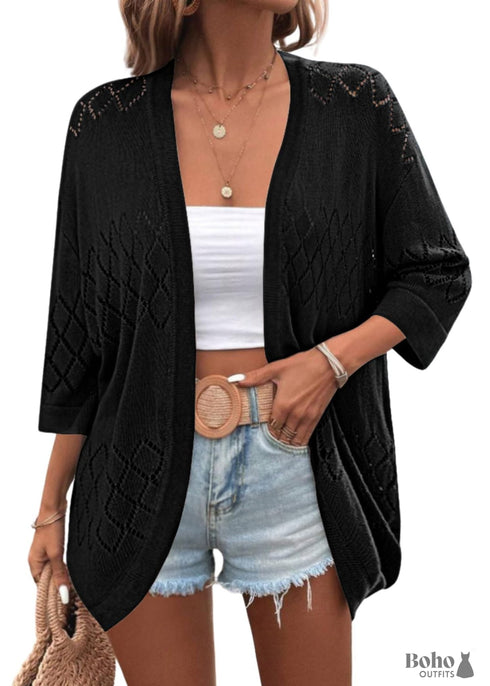 Summer Knit 3/4 Sleeves Black Boho Cardigan