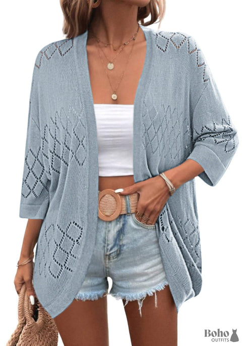 Summer Knit 3/4 Sleeves Gray Blue Boho Cardigan
