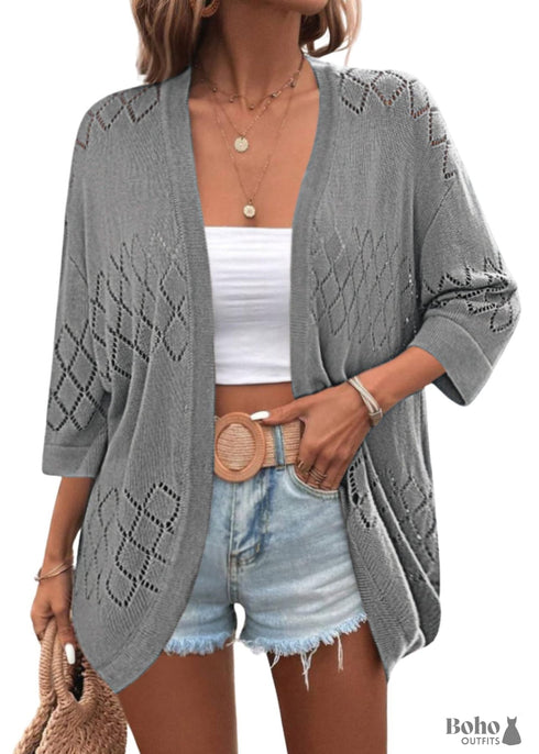 Summer Knit 3/4 Sleeves Grey Boho Cardigan