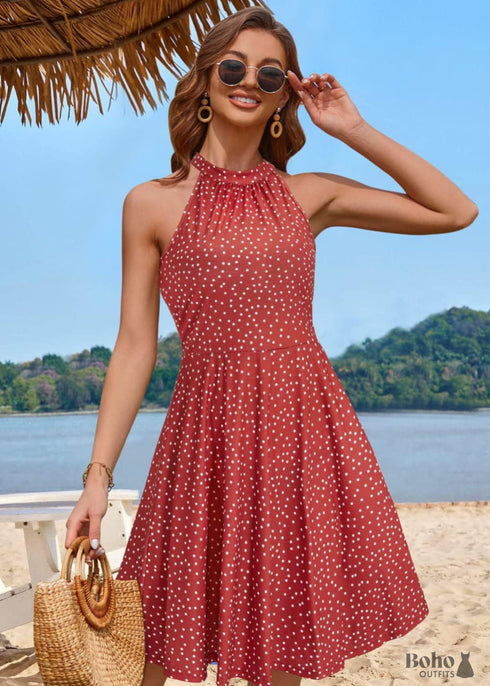 Women's Boho Stand Neck Off Shoulder Sleeveless Dress