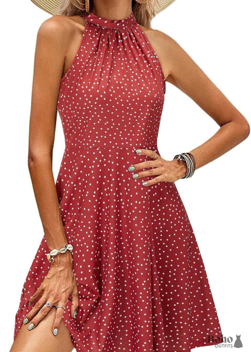 Women's Boho Stand Neck Off Shoulder Sleeveless Dress
