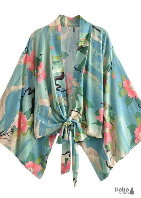 Women's Chic Green Floral Boho Kimono Dress