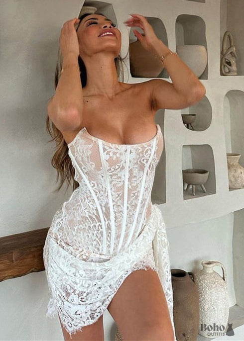 Women's Sexy Lace Mesh Off-Shoulder Tube Top Semi-Sheer Bodycon Dress